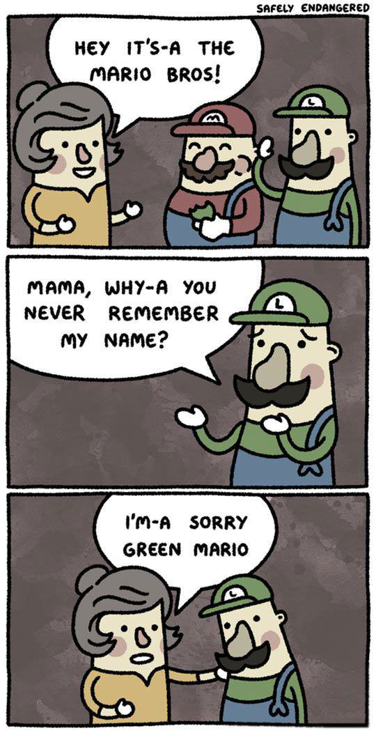 hey it's the mario bros!, mama why-a you never remember my name?, i'm-a sorry green mario, comic, poor luigi