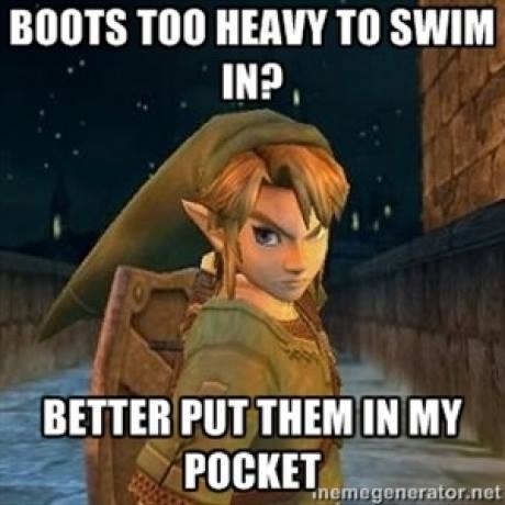 boots too heavy to swim in?, better put them in my pocket, video game logic, zelda