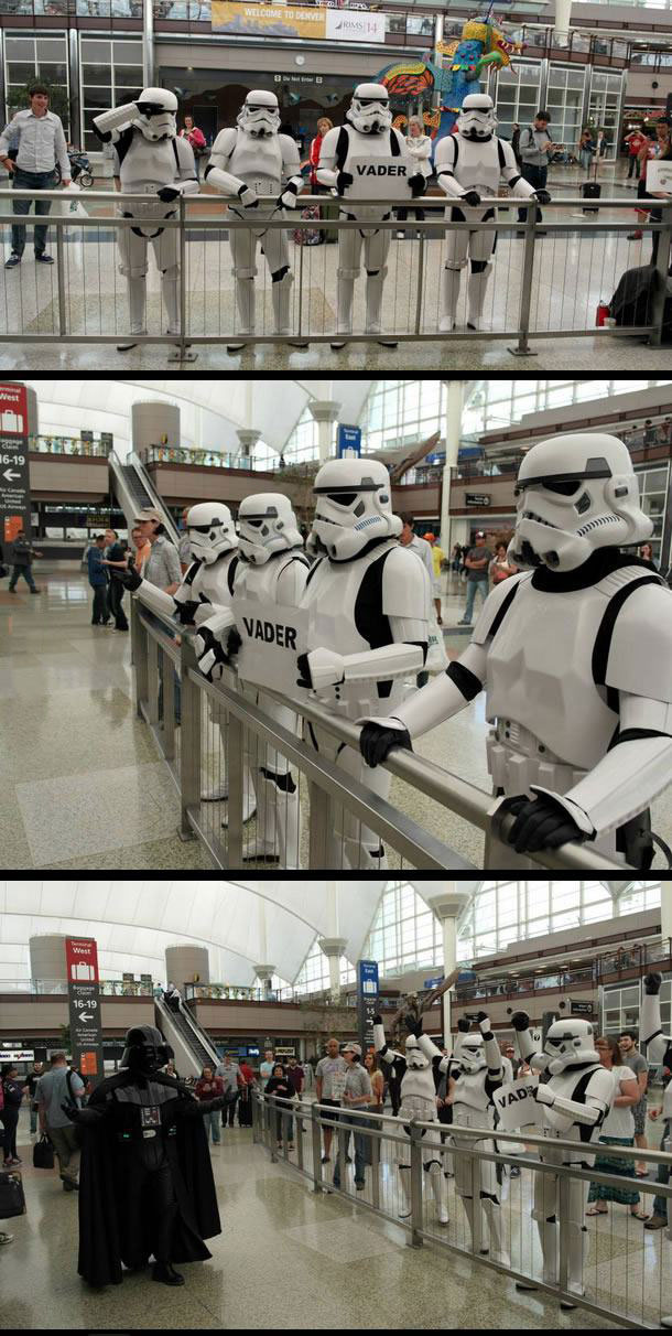 stormtroopers waiting for darth vader at the airport