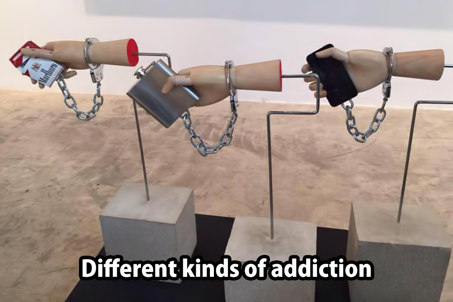 different kinds of addiction, art display, cigarettes, alcohol, smart phones