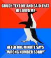 crush text me and said that he loved me, after one minute says wrong number sorry, socially awkward penguin, meme