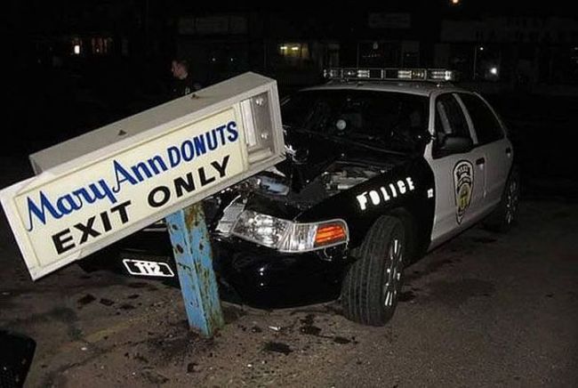 cop car crash into donut sign, mary ann donuts exit only, fail, ironic
