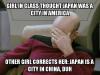 girl in class thought japan was a city in america, other girl corrects her, japan is a city in china, duh, picard face palm, meme