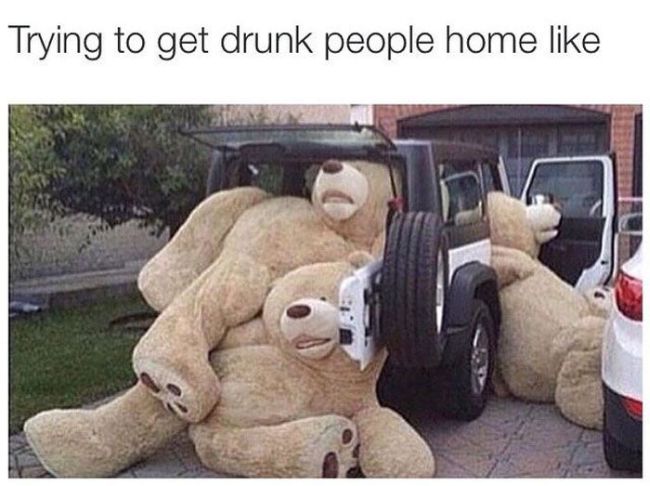 trying to get drunk people home like, huge stuffed teddy bears crammed into an suv