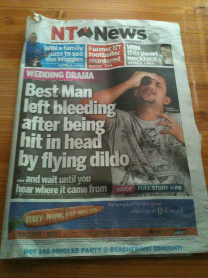 best man left bleeding after being hit in head by flying dildo, and wait until you hear where it came from, best newspaper headline ever
