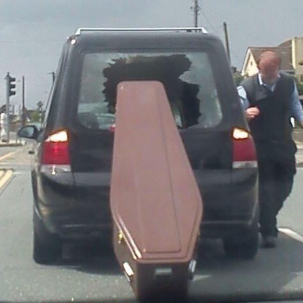 somebody could have been killed, coffin through back windshield of car