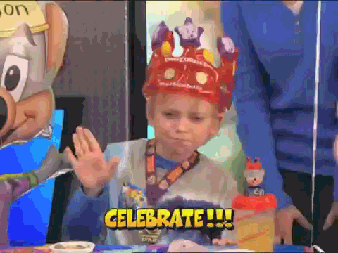 celebrate, kid with party hat dancing loop