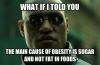 what if i told you the main cause of obesity is sugar and not fat in foods, morpheus, meme
