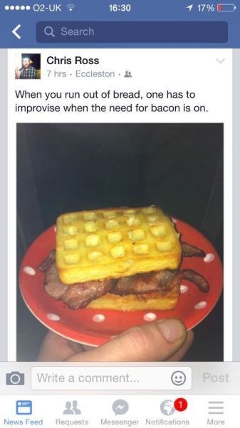 when you run out of bread one has to improvise when the need for bacon is on, waffle bacon sandwich, food porn