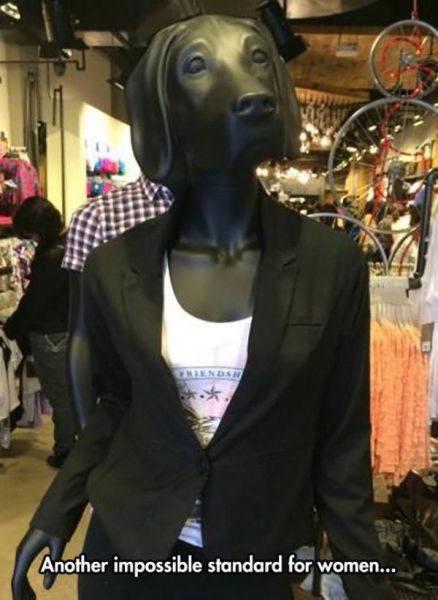man's best friend as a mannequin for women's clothes, dog headed mannequin