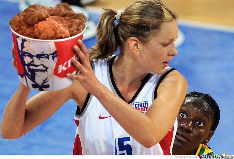 holding a bucket of fried chicken out of harm's way, basketball, racist joke