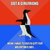 got a girlfriend, now i have to buy a gift for valentine's day, socially awkward penguin, meme