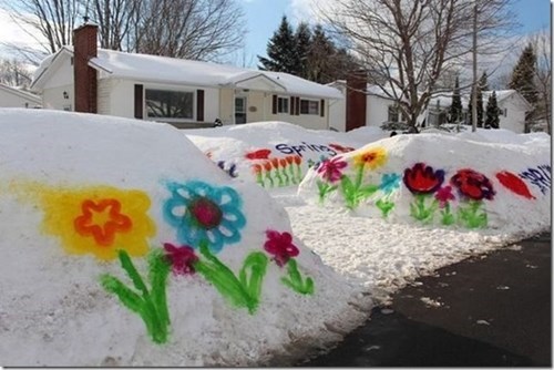 drawing flowers on the snow to simulate spring