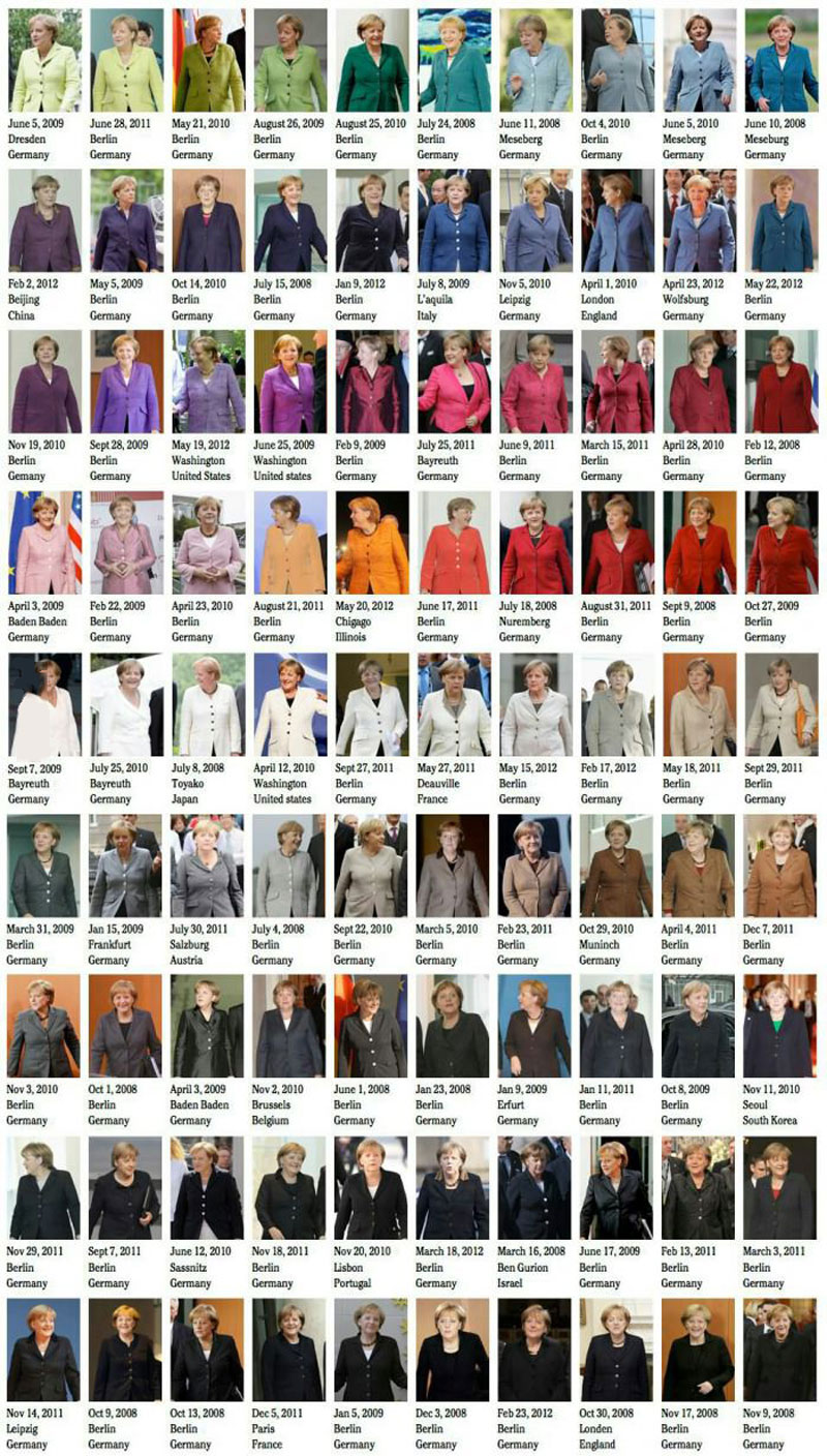 just angela merkel wearing a full spectrum of what appears to be the same clothes 