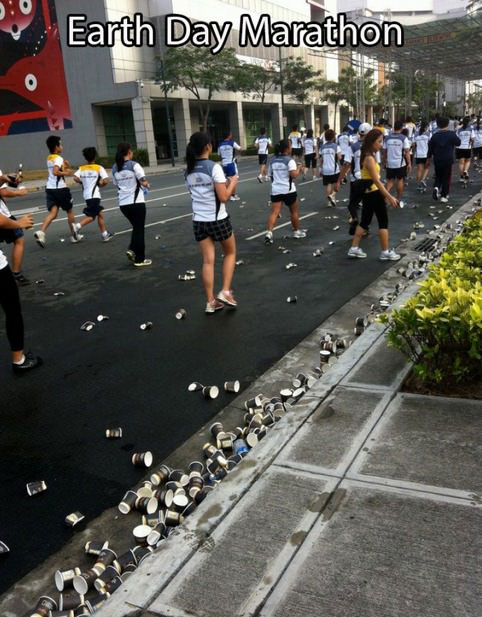the irony of earth day marathon, litter everywhere