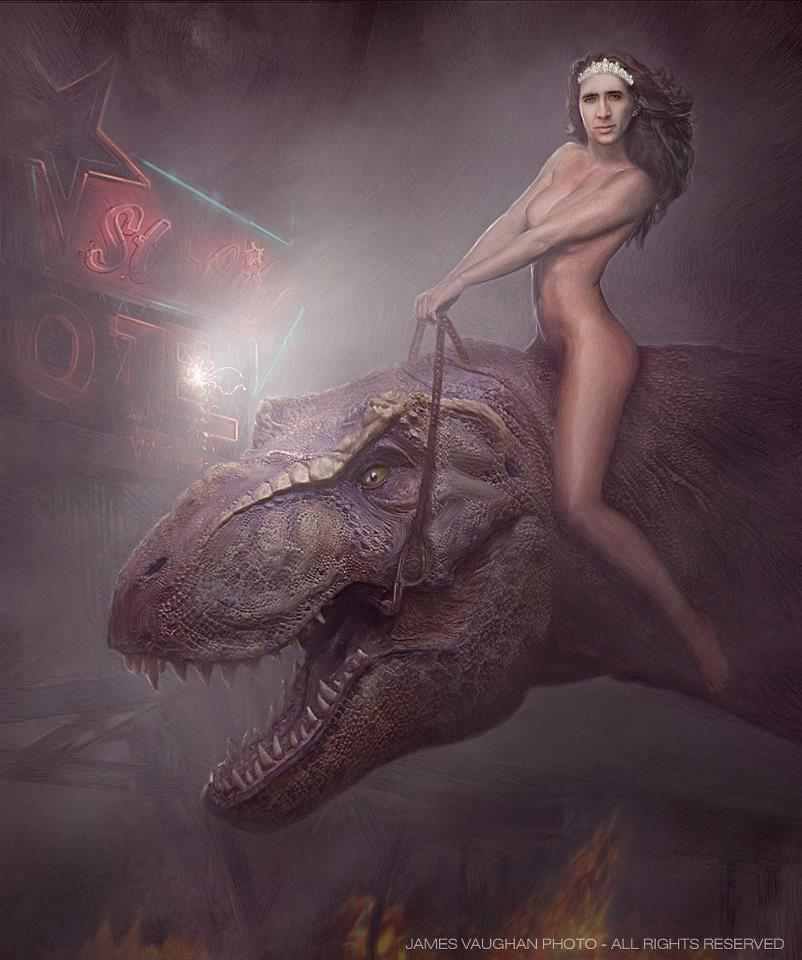 nude female nicolas cage riding a t-rex, wtf