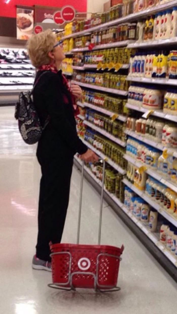 lady with hand cart rack at target, fail