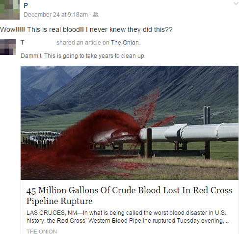 45 million gallons of crude blood lost in red cross pipeline rupture, people reacting to fake news