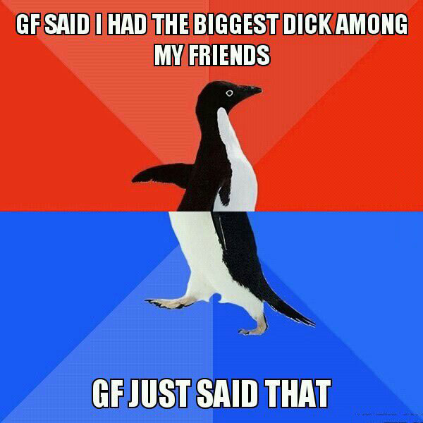 gf said i had the biggest dick among my friends, gf just said that, socially awkward penguin, meme