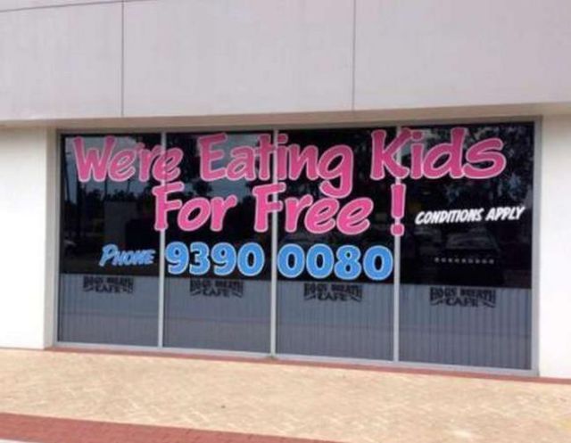 we're eating kids for free, awkward names, sign, fail