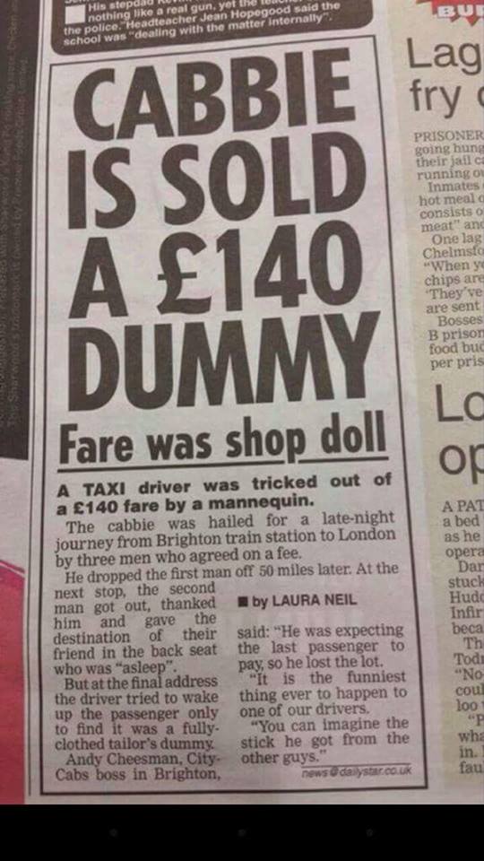 cabbie is sold a 140 dummy, fare was shop doll, prank, troll