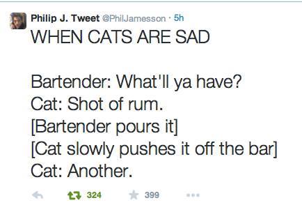 when cats are sad, what'll ya have?, shot of rum, cat slowly pushes it off the bar, another