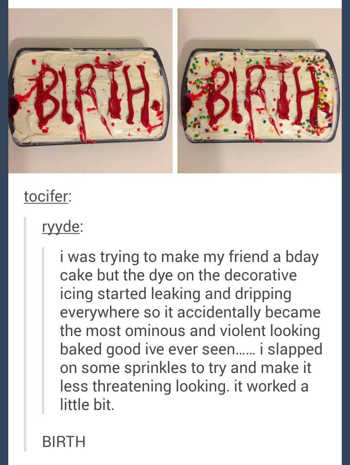 birth cake that almost got fixed right, creepy red frosting letters