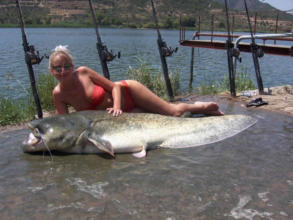 lady posing with a catfish, wtf