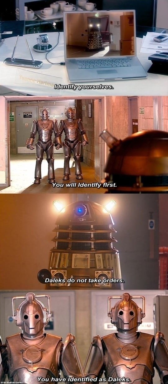 identify yourselves, you will identify first, daleks do not take orders, you have identified as daleks