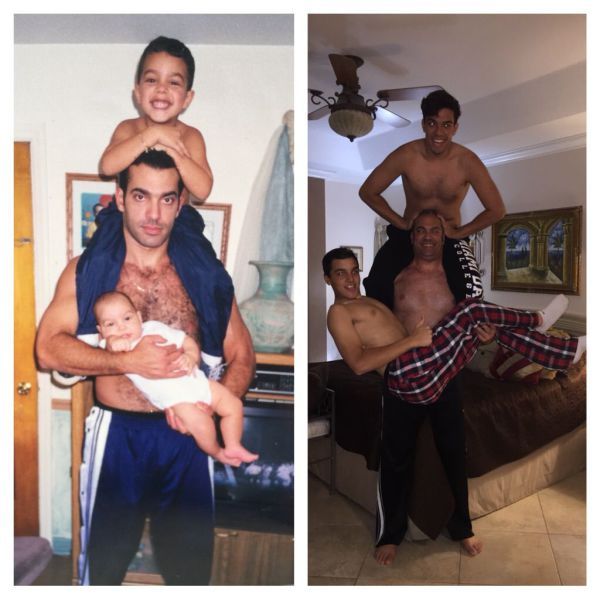 father with son on shoulders and in arms then and now