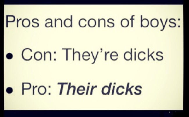the pros and cons of boys, con they're dicks, pro their dicks