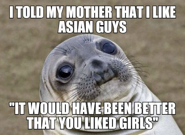 i told my mother that i like asian guys, it would have been better that you liked girls, awkward moment seal, meme