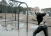 girl jumps onto swing over puddle and proceeds to fall into said puddle, fail, lol