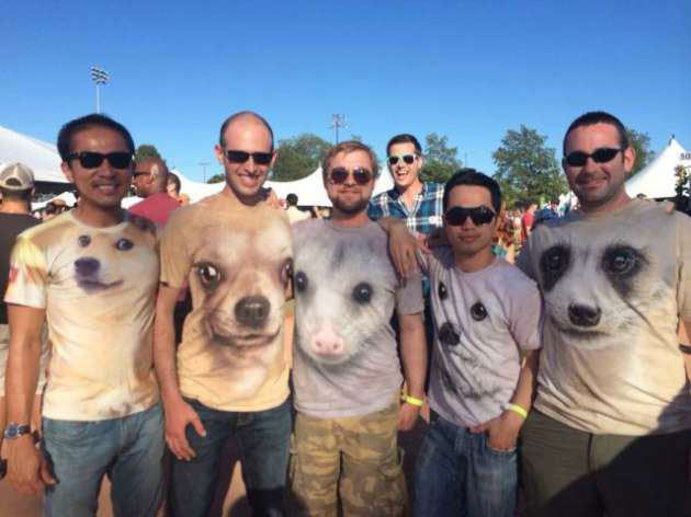 group of guys with animal face tshirts, wtf