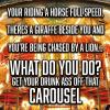 your riding a horse full speed, theres a giraffe beside you and you're being chased by a lion, what do you do? get your drunk ass off that carousel