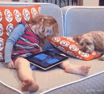 dog is sick and tired of her bouncing, girl wakes up to dog bark
