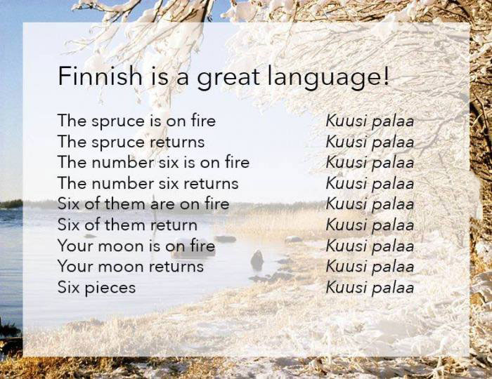 finnish is a great language, kuusi palaa