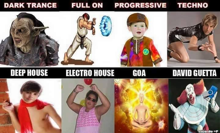 psychedelic music styles and what their fans look like, dark trance, full on, progressive, techno, deep house, electro house, goa, david guetta