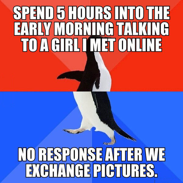 spend 5 hours into the early morning talking to a girl i met online, no response after we exchange pictures, socially awkward penguin, meme