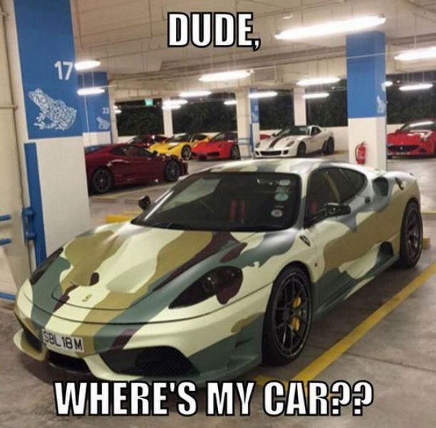 dude where's my car, camouflage motif sports car, meme
