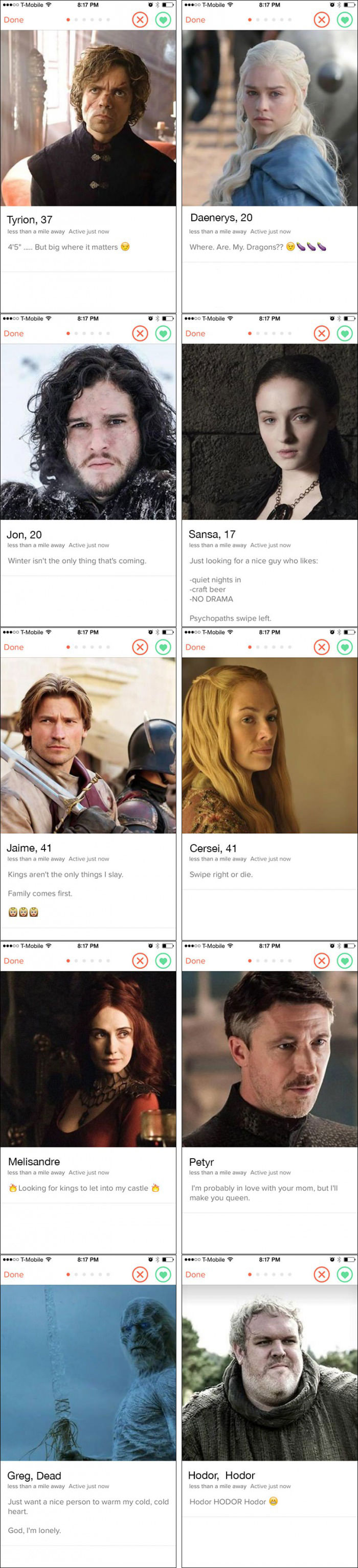 if game of thrones characters had tinder profiles, dating