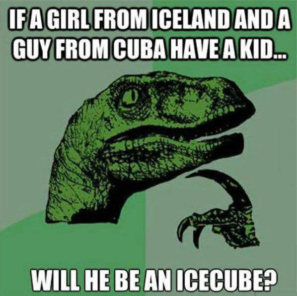 if a girl from iceland and a guy from cuba have a kid, will he be an icecube?, philosopraptor, meme