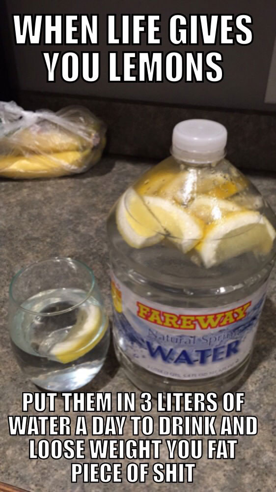 when life gives you lemons, put them in 3 litres of water a dat to drink and lose weight you fat piece of shit, meme