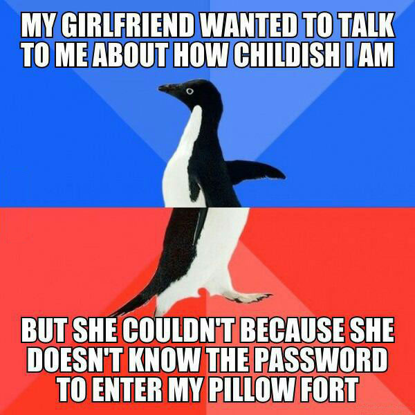 my girlfriend wanted to talk to me about how childish i am, but she couldn't because she doesn't know the password to my pillow fort, socially awkward penguin, meme