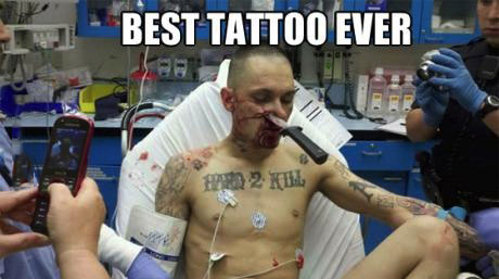 best tattoo ever, knife in face at hospital