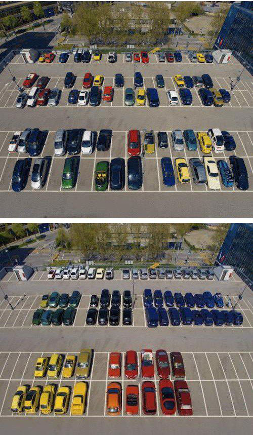 when your parking attendant has ocd, cars parks by colors
