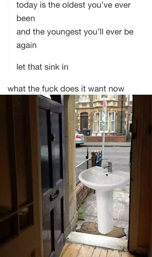 today is the oldest you've ever been, and the youngest you'll ever be again, let that sink in, what the fuck does it want now?