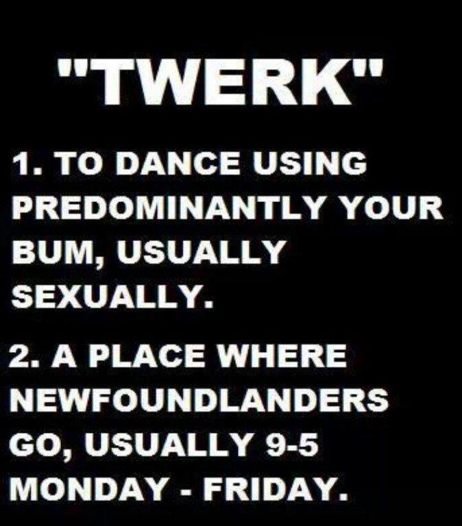 definition of twerk, to dance using predominantly your bum, usually sexually, a place where newfoundlanders go usually 9-5 monday through friday