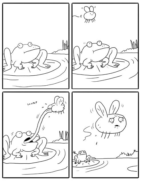 frog slurps a bug in mid air, comic
