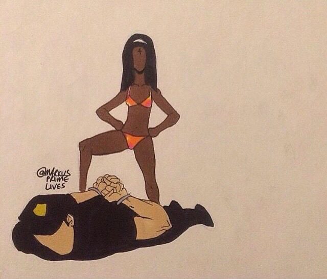 black lives matter, black girl in swimsuit standing on cop's back with one leg